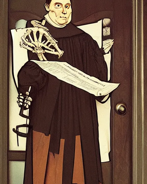 Image similar to A painting of Martin Luther holding a mallet and nailing a cartoon paper-skeleton Halloween decoration to the door of a suburban home, in the styles of Ferdinand Pauwels, Greg Rutkowski, Alphonse Mucha, and Tim Burton, intricate, hyperrealistic, accurate facial details, volumetric lighting