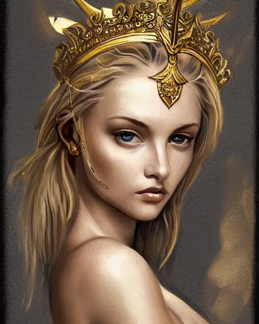 Image similar to tattoo sketch of blonde super model aphrodite greek goddess wearing a gold laurel wreath and triangle earrings, beautiful piercing gaze with sharp pupils, in the style of greg rutkowski, fantasy, amazing detail, epic, elegant, smooth, sharp focus, front view