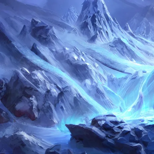 Prompt: blue glacier volcano eruption, blue glacier volcano eruption, blue liquid and snow, blue glacier volcano eruption, snow dust everywhere, snow army battlefield, ice cold blue theme, bright masterpiece artstation. 8 k, sharp high quality artwork in style of jose daniel cabrera pena and greg rutkowski, concept art by tooth wu, blizzard warcraft artwork, hearthstone card game artwork