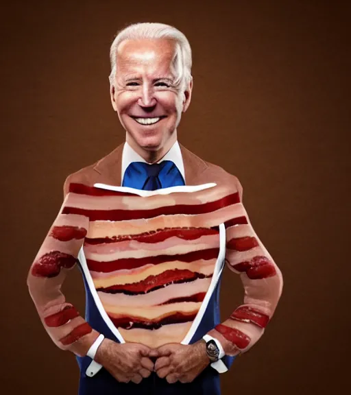 Prompt: portrait photo of joe biden in a fashionable bacon suit.