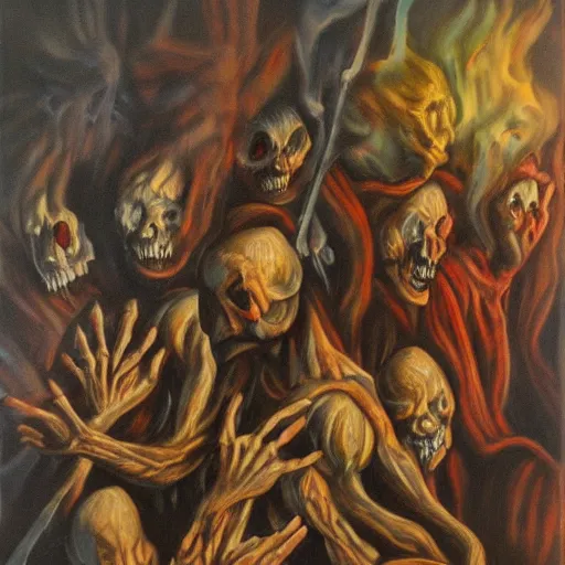 Prompt: Souls a many fight the demon, they all die, 1 2 3 they go down to hell to lie, three two one, three might lie, Oil painting
