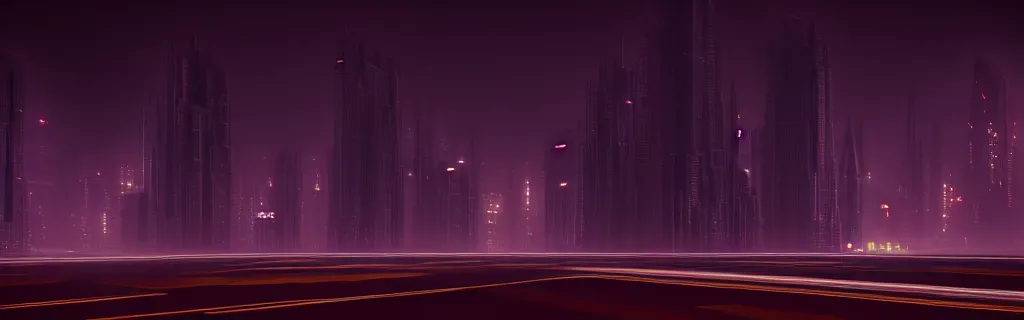 Image similar to an immaculate octane redshift rendering of a futuristic city scape at night in the fog. ambient occlusion. volumetric lighting.