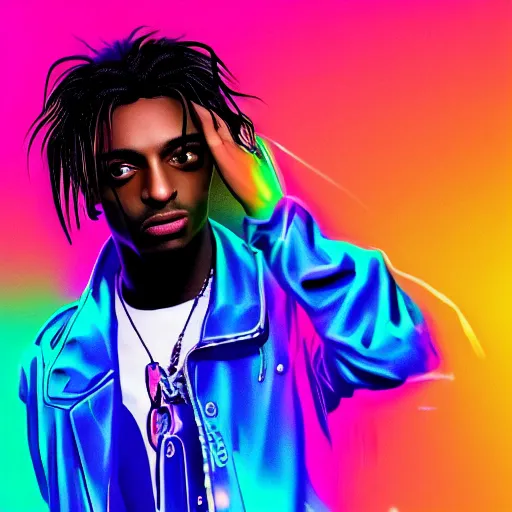 Image similar to playboi carti, photorealistic, hyper realistic, very detailed, detailed face, full body shot, 8 k, hd, neon colors, over saturated colors, wok, cluttered background with hype things, rainbows,