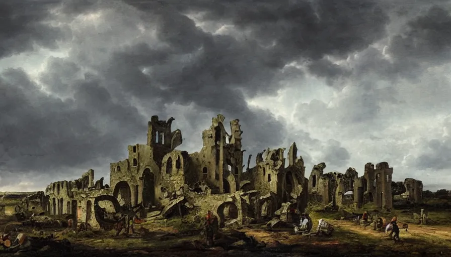 Image similar to huge castle in ruins, ruined castle, castle ruins with a dark cloudy stormy sky, striking landscape, dramatic scene during the first anglo - dutch war painted by jan beerstraaten