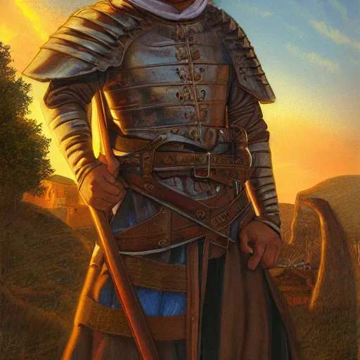Prompt: portrait of a young squire, illustration by larry elmore, michael wellen, john stephens, in a medieval city, tone mapping, airbrushed clouds, trending on artstation