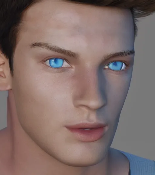 Image similar to photo realistic render of the most handsome young man in the world, he is seductive in his appearance and has kaleidoscope eyes