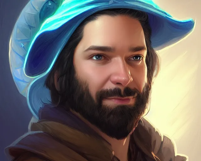 Prompt: amazing portrait of alexis ohanian as a wizard, pointy blue wizard hat, deep focus, symmetrical face, d & d, fantasy, intricate, elegant, highly detailed, digital painting, artstation, concept art, matte, sharp, illustration, hearthstone, art by artgerm and greg rutkowski and alphonse mucha