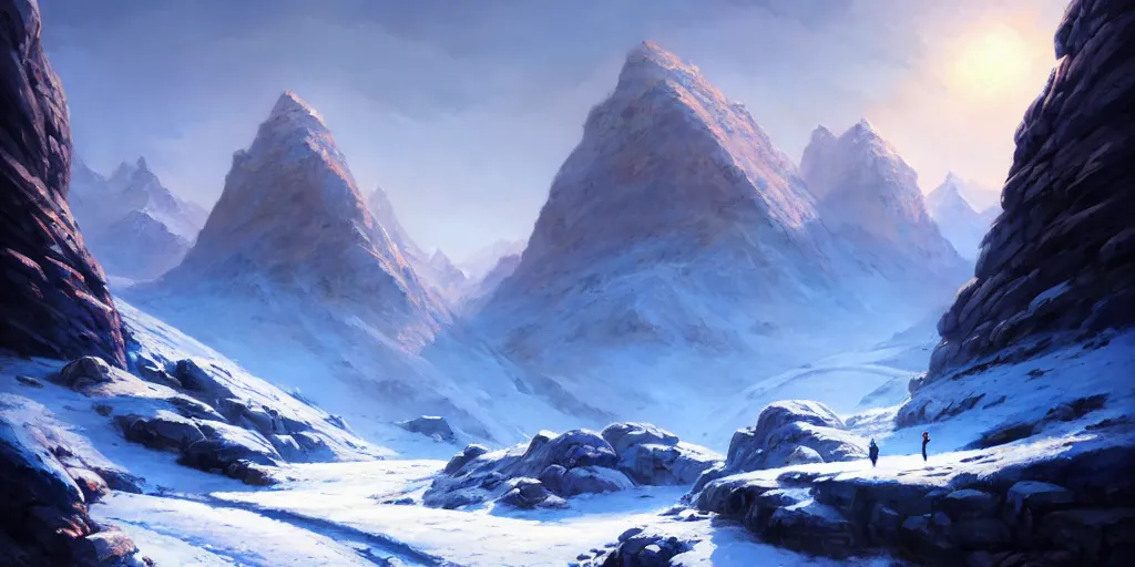 Prompt: landscape of a frozen mountain pass, snowy, rocky, cinematic view, blue sky, detailed, concept art, low angle, high detail, realistic, warm lighting, volumetric, godrays, vivid, artstation, digital painting by jordan grimmer and greg rutkowski