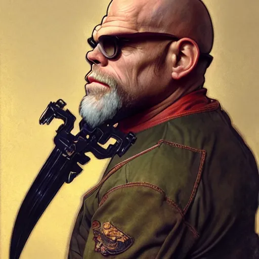 Prompt: full portrait of paul teutul as colonel wednesday bologna, fantasy, d & d, intricate, detailed, by by alphonse mucha, adolfo hohenstein, alice russell glenny, stanley artgerm lau, greg rutkowski, detailed, trending on artstation, trending on artstation, smooth