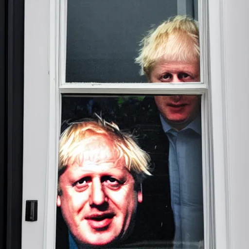 Prompt: window blinds in a house being pulled back to reveal a terrifying boris johnson staring at you through the window with his hand on the window, horror, black and white