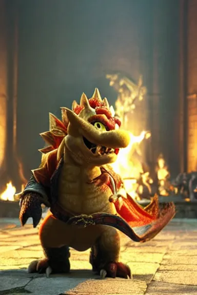 Image similar to very very intricate photorealistic photo of bowser in an episode of game of thrones, photo is in focus with detailed atmospheric lighting, award - winning details