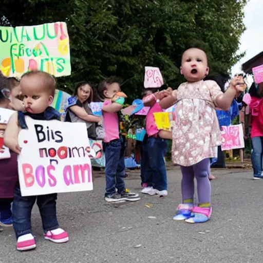 Image similar to babies protesting in front of a daycare center