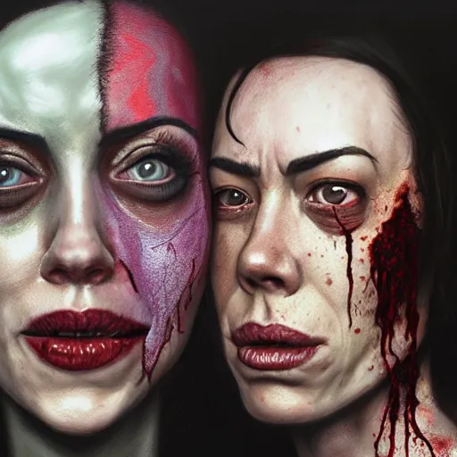 Image similar to color head portrait of aubrey plaza and lena headey grinning as a zombie, 7 days to die zombie, gritty background, fine art, award winning, intricate, elegant, sharp focus, cinematic lighting, digital painting, 8 k concept art, art by michael hussar, art by brom, art by guweiz and z. w. gu, 8 k