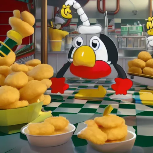 Image similar to Sebee working in chicken nugget factory with Cuphead , 4k