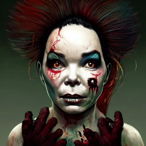 Prompt: color head portrait of bjork as a zombie, 7 days to die zombie, gritty background, fine art, award winning, intricate, elegant, sharp focus, cinematic lighting, digital painting, 8 k concept art, art by michael hussar, art by brom, art by guweiz and z. w. gu, 8 k