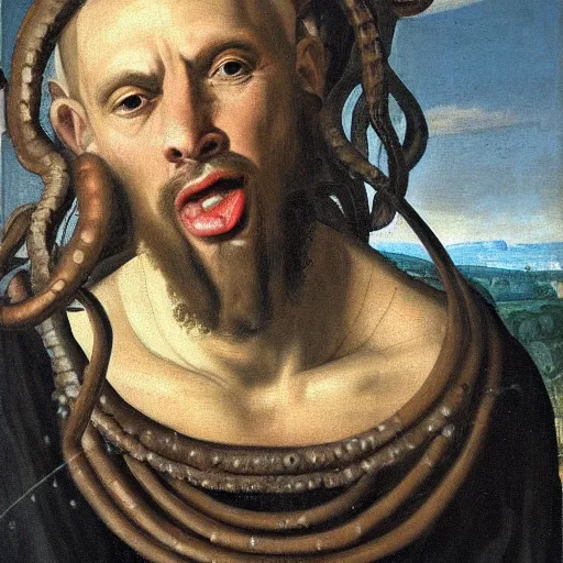 Prompt: hyper realism close up mythological portrait of a medieval man's face, black tentacles coming out of skin, pale skin, wearing suit, in style of classicism