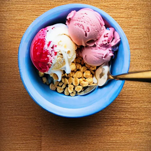 Image similar to ice cream and cereal bowl, yum, photograph, 30mm photography