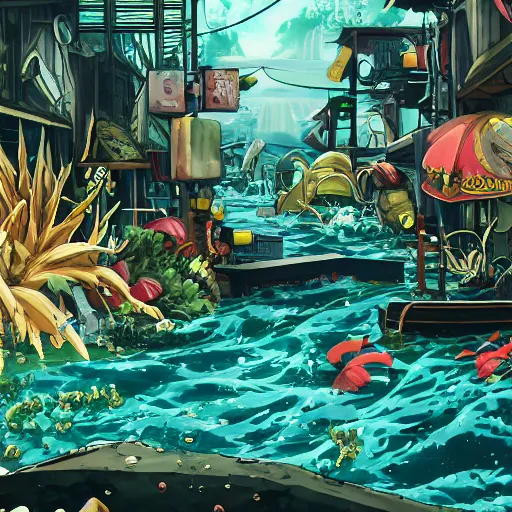 Image similar to painted anime background of a flooded underwater slums shopping district located by a waterfall and built from various sea shells and corals and being reclaimed by nature, seaweed, light diffraction, litter, steampunk, cyberpunk, cool colors, caustics, anime, vhs distortion, shot underwater looking up, inspired by splatoon by nintendo, art created by miyazaki