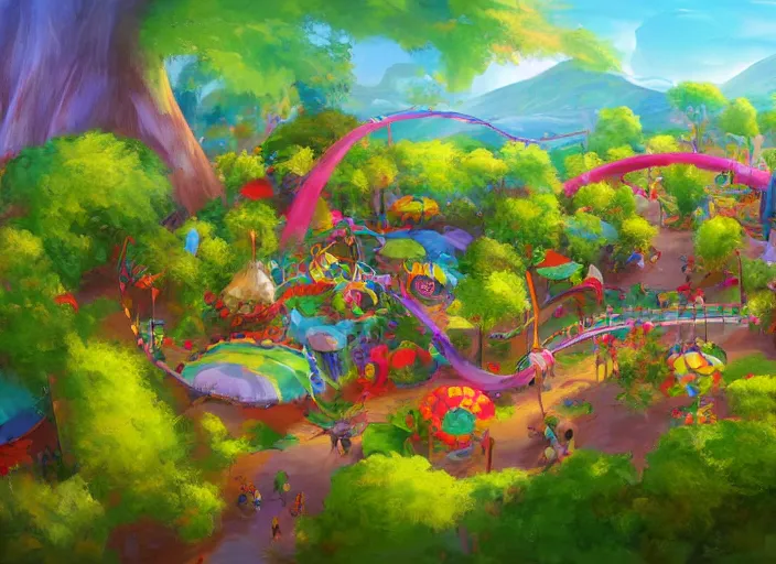 Image similar to enviroment design for a biome for candy kids game, zoo park, top angle, oil painting by jama jurabaev, extremely detailed, brush hard, artstation, for aaa game, high quality, brush stroke