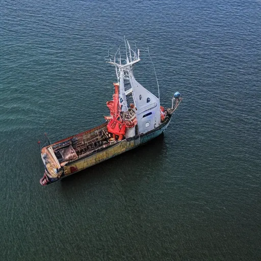 Image similar to very very realistic aerial drone shot of British fishing trawler