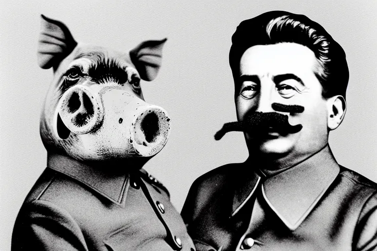 Prompt: stalin with pig's nose on face historical photo in color