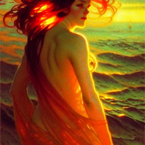 Image similar to sea of glossy liquid honey drops flowing like translucent amber, backlit, sunset, refracted lighting, art by collier, albert aublet, krenz cushart, artem demura, alphonse mucha