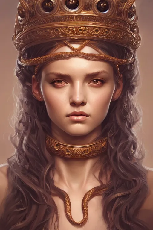 Image similar to highly detailed portrait of an elegant medusa, ornate crown, beautiful symmetrical face, glowing skin, digital painting, artstation, concept art, smooth, clear focus, illustration, greg rutkowski, artgerm, global lighting, detailed and fantasy