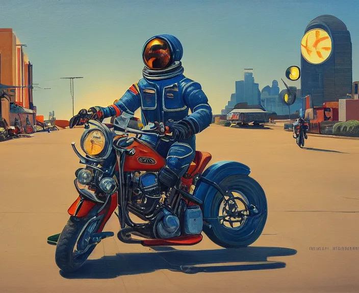 Image similar to a very detailed painting of a astronaut wearing a suit, riding a motorbike down a street, harley davidson motorbike, worm's - eye view, very fine brush strokes, very aesthetic, very futuristic, in the style of edward hopper and grant wood and syd mead, 4 k,