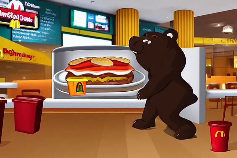 Prompt: a bear ordering a hamburger in mcdonalds