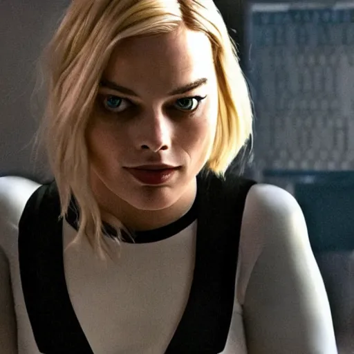 Prompt: Margot Robbie as Spider Gwen, photo realistic, movie scene, dynamic lighting