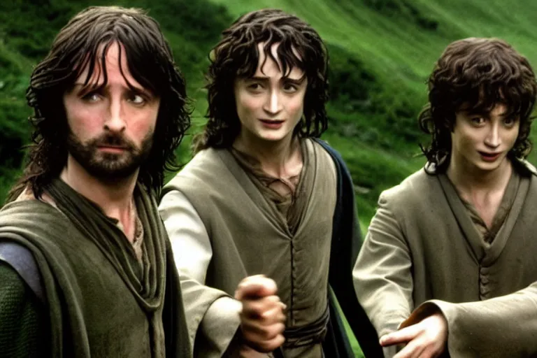 Prompt: Film still of Alan Rickman as Aragorn and Daniel Radcliffe as Frodo in the movie Lord of the Rings