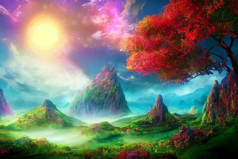 Image similar to Landscape of a beautiful enchanted fantasy world. Colorful. Planet in the sky. Cinematic lighting. Photorealism.