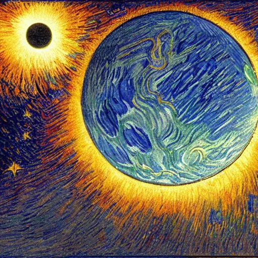 Image similar to stars, solar eclipse, looming over the earth, hdr, hq, painting by gustave dore and vincent van gogh