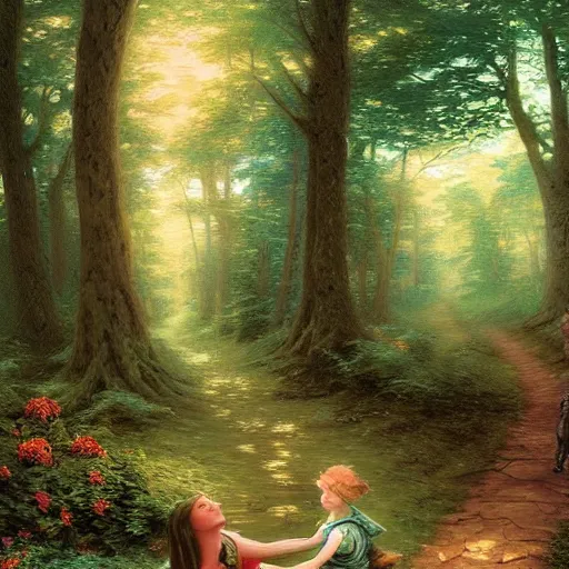 Image similar to forest sensual woman and her daughter eating animal in the forest, digital art, artwork, hihgky detailed face, thomas kindkade, fantasy, intricate