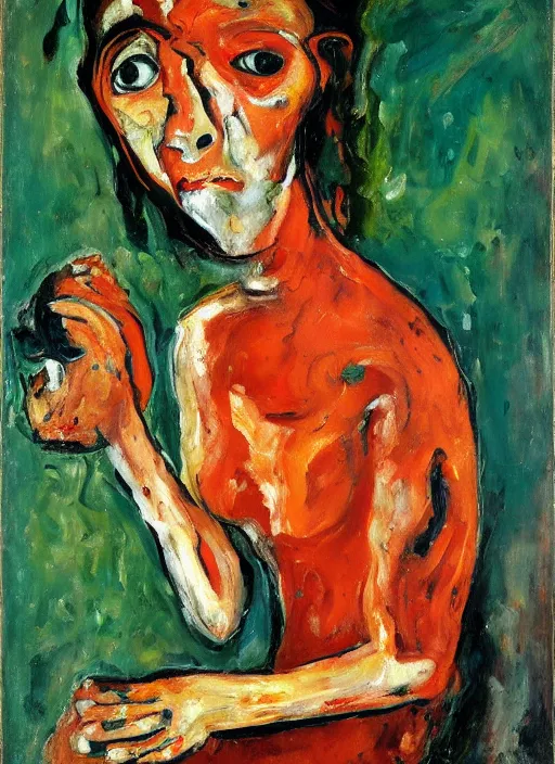 Image similar to an oil painting of a woman looking distressed, intense eyes, in a red dress posing with meat in expressive style of Chaim Soutine and Frank Auerbach, palette of maroon alizarin and dark gray greens, thick impasto painting technique