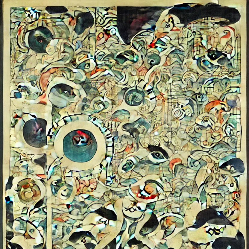 Image similar to business dashboard with time series charts, pie plots and other modern graphics, with small creatures with many eyes. diego rivera ( with slight ukiyo - e influence ). ravi supa.