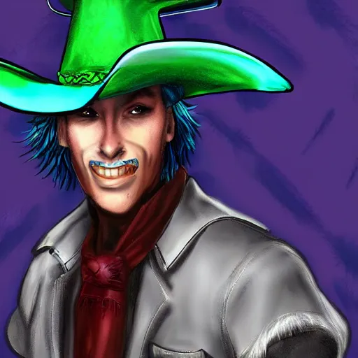 Prompt: digital art of a green scaled anthro dragon with blue hair and an australian cowboy hat