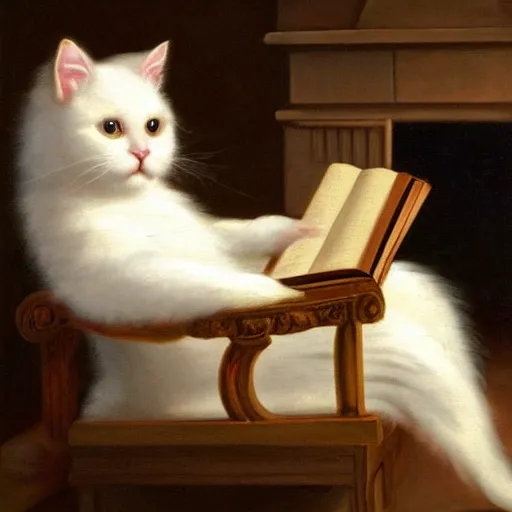 Prompt: baroque painting of a white fluffy cat reading in a chair by the fire. Renaissance oil on canvas 4k