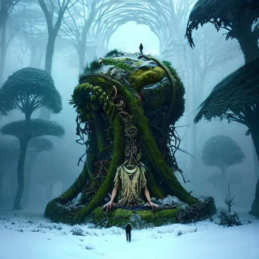 Image similar to ancient giant fallen god, lush trunda vegetation, snow :: by Michal Karcz, Daniel Merriam, Victo Ngai and Guillermo del toro :: ornate, dynamic, particulate, intricate, elegant, highly detailed, centered, artstation, smooth, sharp focus, octane render, 3d