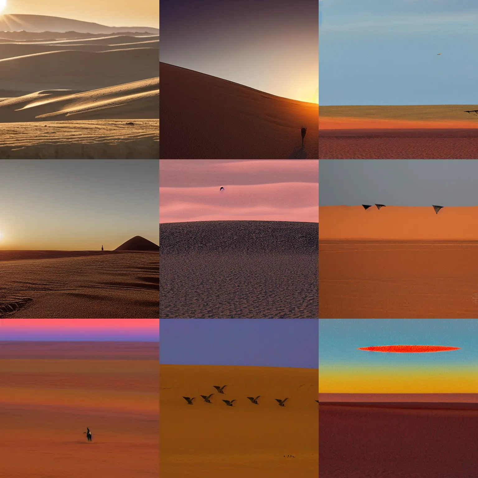 Prompt: thropter in flight from dune, sweeping landscape, setting intense sun. Caped figures in the distance on the ground