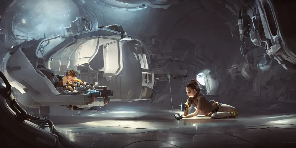 Image similar to an environmental concept art of a female mechanic working on a spaceship, highly detailed, cinematic, dramatic lighting, close shot by francis tneh