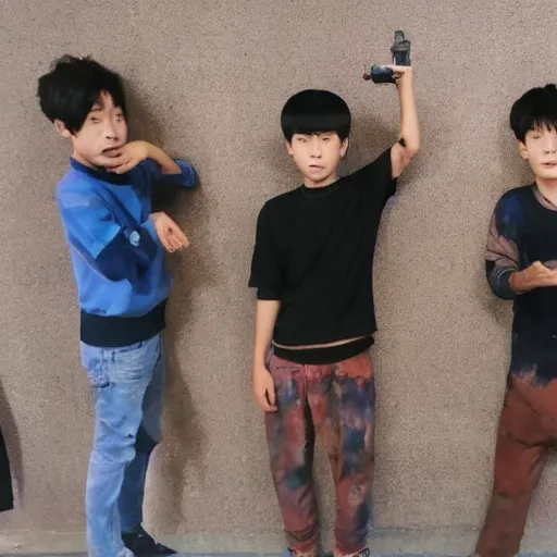 Image similar to on the right side, a korean boy stand and look left. the boy have towned clothes and he look dirty and poor. on the left side a korean boy stand and look right, this boy rich and have good clothes. in the middle of the picture there's an wall that seperate the two boys. painting.