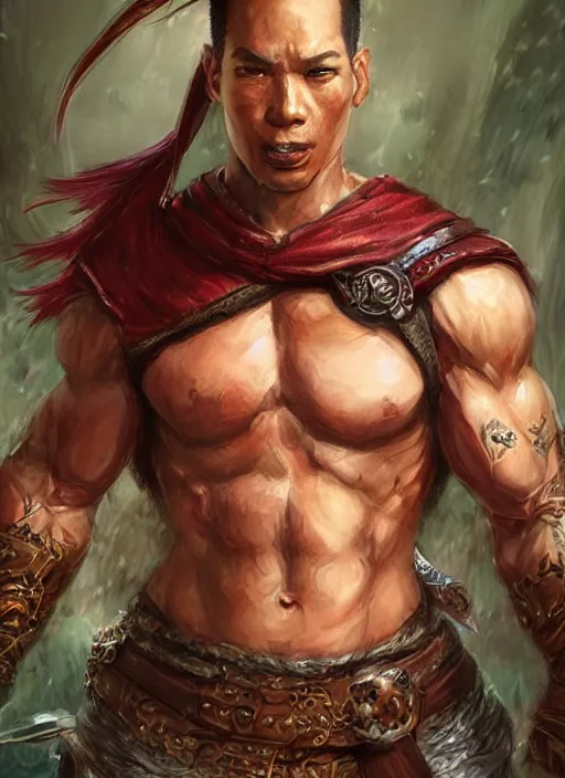 Image similar to muscly asian man mid parted hair, dndbeyond, bright, colourful, realistic, dnd character portrait, full body, pathfinder, pinterest, art by ralph horsley, dnd, rpg, lotr game design fanart by concept art, behance hd, artstation, deviantart, hdr render in unreal engine 5