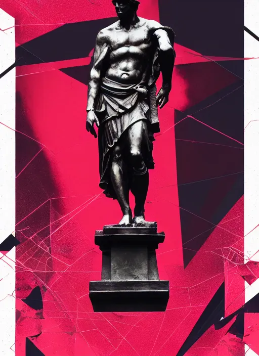 Image similar to black background with subtle red and purple design elements, statue of julius caesar, nekro, modern design, collage art, thin lines, dark, glitch art, neo vaporwave, gritty, layout frame, trending on artstation