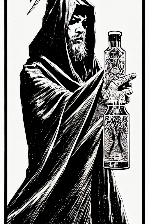 Prompt: cloaked wizard holding magic potion, high details, intricately detailed, by vincent di fate, inking, 3 color screen print, masterpiece, trending on artstation,, sharp, details, hyper - detailed, hd, 4 k, 8 k