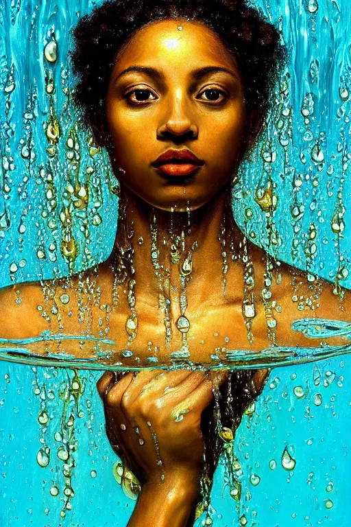 Image similar to hyperrealistic precisionist cinematic profile very expressive! oshun goddess, ophelia in water! john everett millais, mirror dripping droplet!, gold flowers, highly detailed face, digital art masterpiece, smooth eric zener cam de leon, dramatic pearlescent turquoise light on one side, low angle uhd 8 k, shallow depth of field