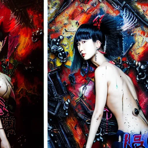 Prompt: photo realistic, high level of detail, high resolution, 3 5 mm lens : ( subject = korean top model + ( object = graffiti + object detail = high definition highly detailed baroque cyberpunk shamaness, varnished oil paint in bright colors on black background with small background color splatters, by katsuhiro otomo ) )