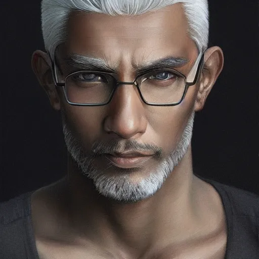 Image similar to ultra realistic illustration, young man with dark gray skin, short white hair, intricate, with dark clothes, elegant, highly detailed, digital painting, artstation, concept art, smooth, sharp focus, illustration, art by artgerm and greg rutkowski and alphonse mucha