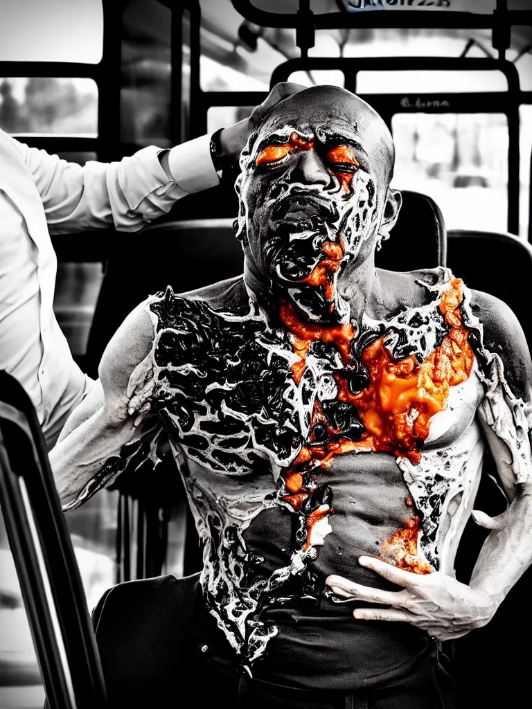 Image similar to a perfect portrait of a bus driver giving a deposition. his skin is expanding and bursting. leaking molten marshmallow from the fissures in his stretched, agonising skin.