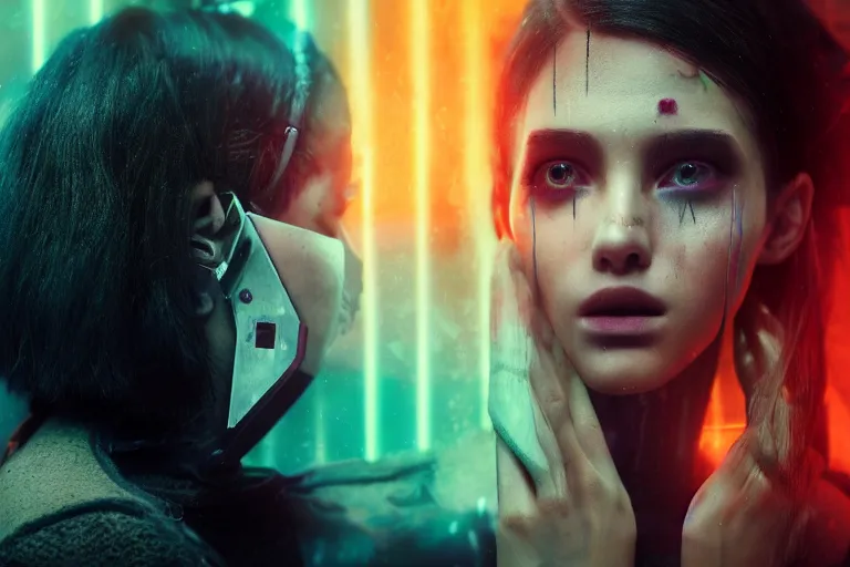 Image similar to Cyberpunk ​​girl transforming face, fangs, syringes, forest, fog, volumetric light, style Blade runner 2049